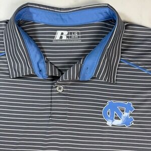 Russell UNC Tar Heels Polo Mens Large Grey Striped Excellent Short Sleeve Shirt